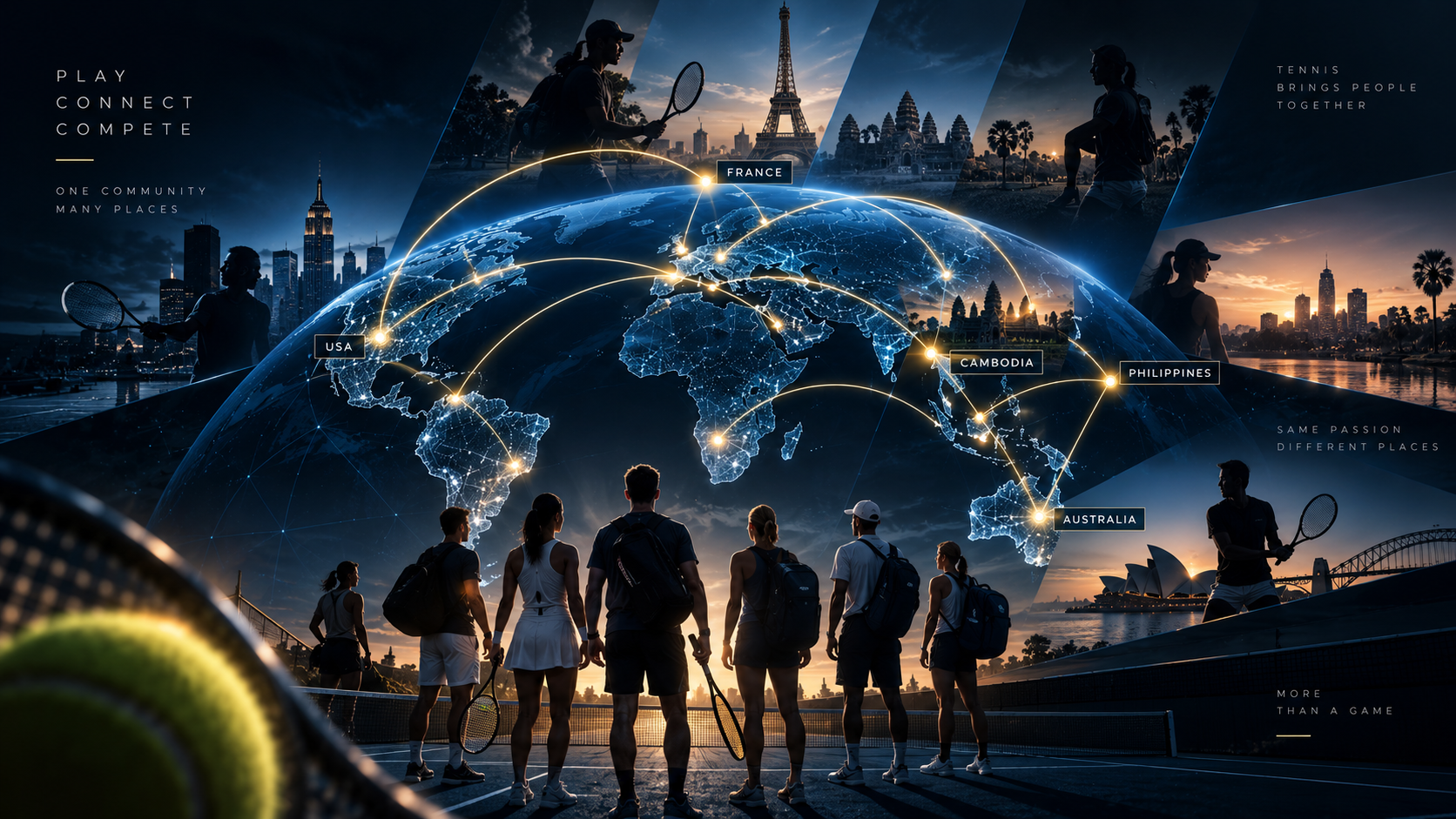 Tennis players facing a connected world, surrounded by international cities and courts